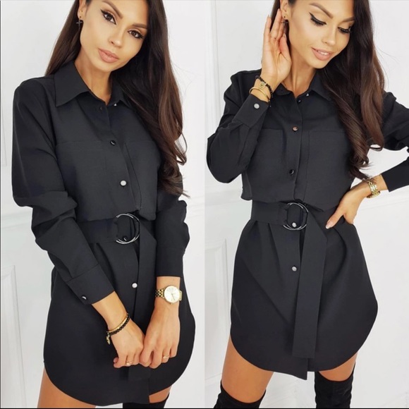 Women’s elegant long sleeve shirt dress with belt - Picture 3 of 3